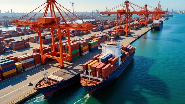 Massive container ships docked at a busy port with towering cranes loading cargo under a clear blue sky. AI generative video