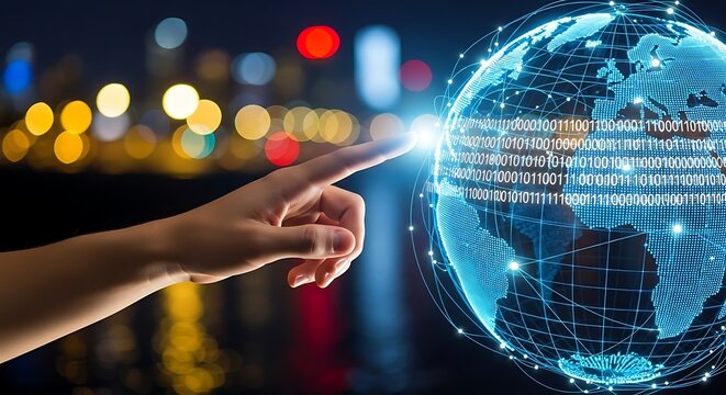 A hand points toward a glowing digital globe, representing global connectivity and data.