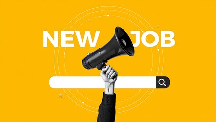 Hand is hold megaphone, megaphone on bright yellow background, new job announcement, employment searching, hiring campaign, job offer announcement calling