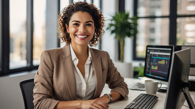 Confident Latina Businesswoman Smiling in Open Office