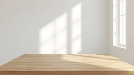 Empty bright room interior with wooden floor, white wall, and large window casting sunlight shadows, minimal modern design perfect for real estate and architectural background