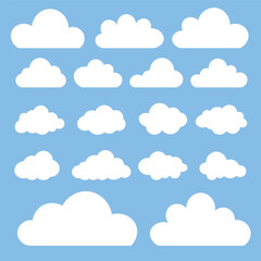 Set of white cloud icons on a blue background. Cloud shapes vary in size and form. Simple cloud design for weather or sky themes. Cloud icons in a grid layout. Weather illustration, vector set.