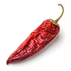Dried red chili peppers displayed on a white background, highlighting