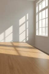 Fototapeta premium Empty bright room interior with wooden floor, white wall, and large window casting sunlight shadows, minimal modern design perfect for real estate and architectural background