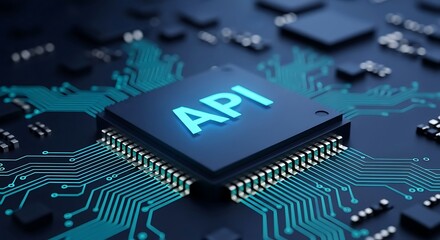 API microchip integrated into circuit board, showcasing digital interface technology.