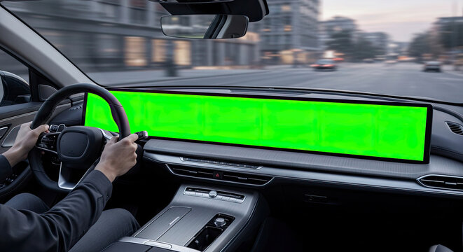Man driving a modern car with a large green screen dashboard for mockup, view from inside the vehicle.