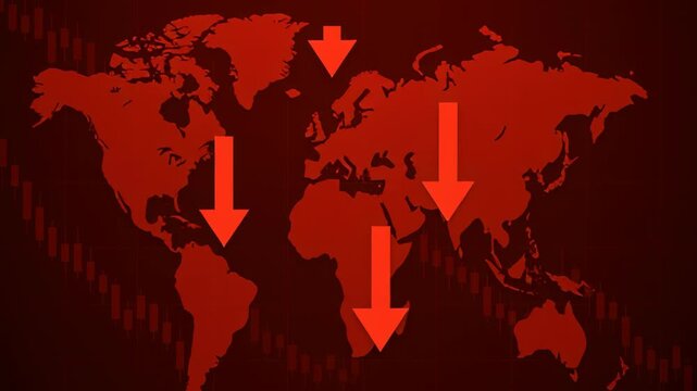 Global market tension highlighted by red downward arrows world map indicating economic decline and financial stress impacting