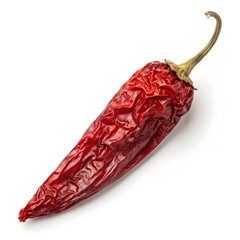 Dried red chili peppers displayed on a white background, highlighting