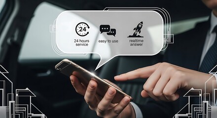 Businessman using a smartphone with overlaid icons for 24/7 service, messaging, and innovative solutions.