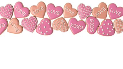 Delightful heart-shaped cookies with 'LOVE' and 'XOXO' messages perfect for celebrations