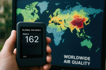 Global worldwide index air pollution impact environmental quality measures air quality with advanced monitoring device