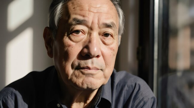 Senior asian man sitting by window enjoying sunlight