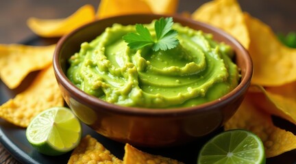 Delicious creamy avocado dip served with crispy tortilla chips and lime wedges