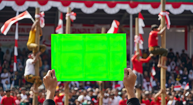 Person holding a blank green screen at an Indonesian Independence Day celebration with Panjat Pinang game. - Powered by Adobe