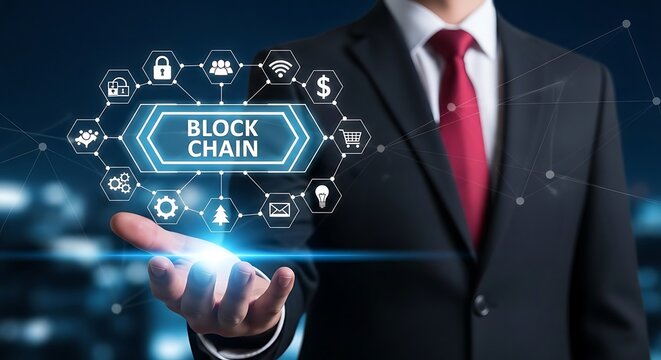Businessman presenting a holographic projection of a blockchain network, highlighting its interconnected components.