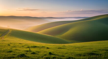 Fototapeta premium Serene sunrise over rolling green hills and misty valleys.