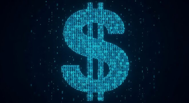 A glowing digital dollar sign composed of binary code.