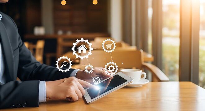 Businessman using tablet, digital icons appear, cafe setting.