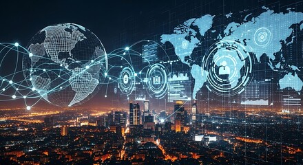 Global network connectivity visualized over a nighttime cityscape, showcasing data flow and security icons.