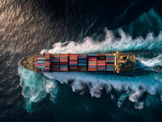 Aerial overhead view of a bow from a large container cargo or tanker ship sailing with speed over the ocean