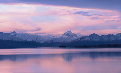 Mt Cook reflected in Lake Pukaki at sunset