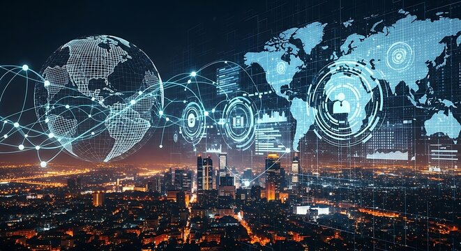 Global network connectivity visualized over a nighttime cityscape, showcasing data flow and security icons. - Powered by Adobe