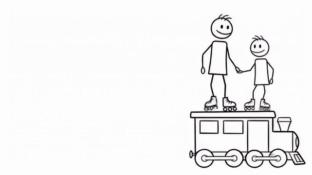 Joyful Journey Stick Figures on Roller Skates Atop a Whimsical Train Adventure and Collaboration on White Background, Cartoon Animation, Simple Line Art, Pictogram Style, Symbolizing Friendship and