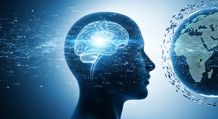 Fototapeta premium A human head profile with a brain outline inside, connected to a globe with light streams.