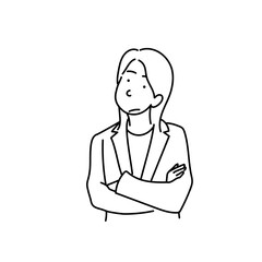 腕を組んで考える女性 ビジネスウーマン 線画 ベクターイラスト 白背景