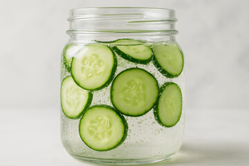 Cucumber Infused Water: A refreshing glass jar filled with clear water, enlivened by vibrant cucumber slices, promising a taste of health and rejuvenation. 