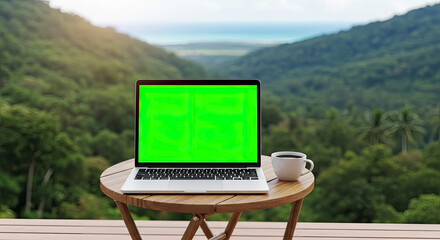 Laptop with a green screen for mockup on a wooden table with coffee, overlooking a beautiful mountain view.