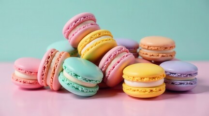 A delightful assortment of pastel-colored macarons, meticulously arranged on a soft pink surface, creating a visually appealing and delectable composition.