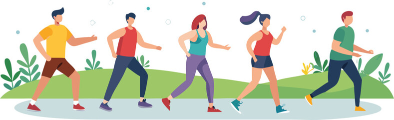 Vector illustration of diverse people jogging in a sunny park, surrounded by trees and greenery.