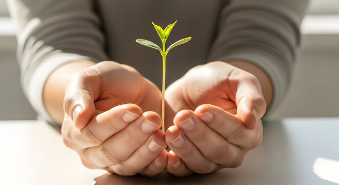 Close-up of a person holding a small green plant sprouting from soil in their hands symbolizing growth nurturing and environmental sustainability concepts for eco friendly initiatives and nature