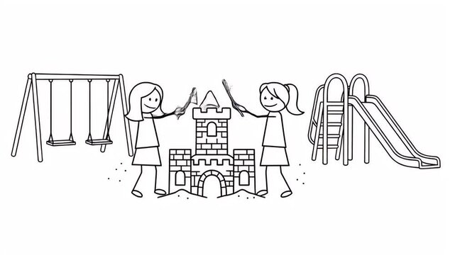 Joyful Stick Figure Girls Building a Sandcastle at a Playground with Swings and Slide Animated in Black and White on a White Background. Perfect for Fun and Summer Activities