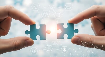 Two hands holding jigsaw puzzle pieces, about to connect, with a blurred background of digital connections.