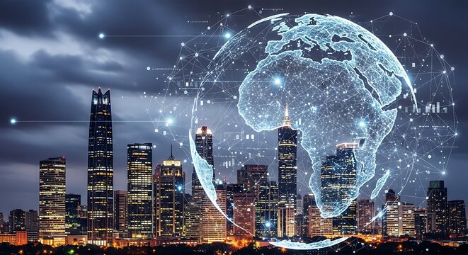 Global interconnectedness: A nighttime cityscape with a digitally overlaid, networked Earth.