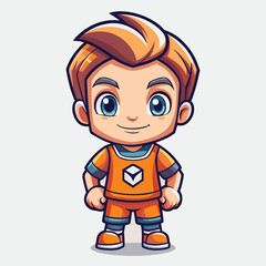 Cartoon boy with blue eyes wearing an orange uniform, smiling and standing confidently.