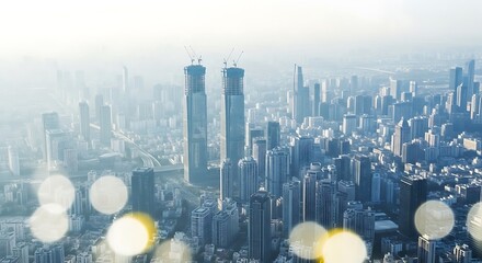A hazy sunrise cityscape view, showcasing towering skyscrapers and a dense urban landscape.