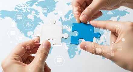 Hands connecting two puzzle pieces representing global collaboration and partnership.