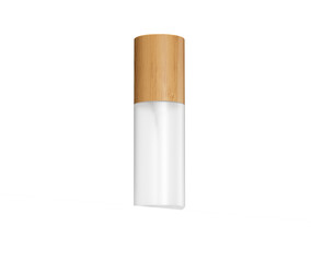 Sleek white pump bottle with natural bamboo lid for modern beauty products. 3d illustration