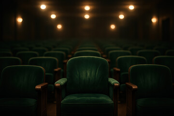 Fototapeta premium Plush emerald green velvet theater seat offers rich texture with slight creases and wooden armrest details