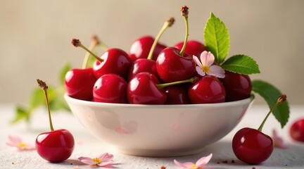 A bowl of ripe, juicy cherries, adorned with delicate pink blossoms and vibrant green leaves, rests on a pristine surface.