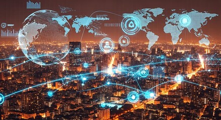 Illuminated city skyline overlaid with digital network connections and global data visualization.