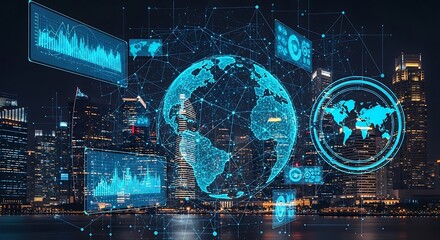 Digital globe and data visualizations overlaid on a cityscape at night, showing global connections.