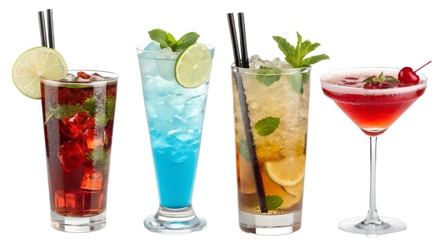 "Americano, Appletini, Blue Lagoon, and Jack Rose Cocktail Set – Transparent PNG Isolated Background with Colorful Garnished Mixed Drinks"

