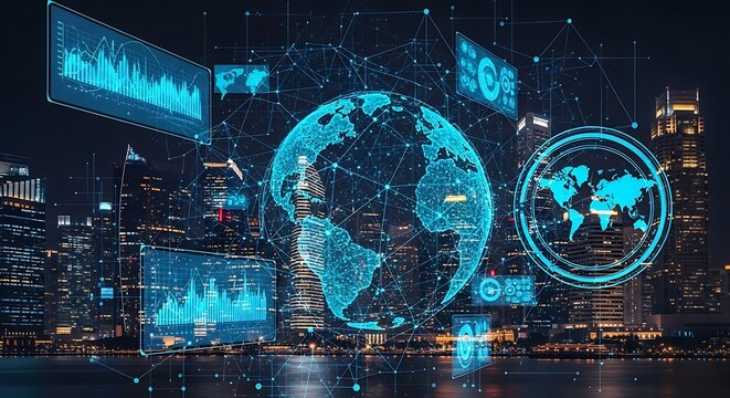 Digital globe and data visualizations overlaid on a cityscape at night, showing global connections.