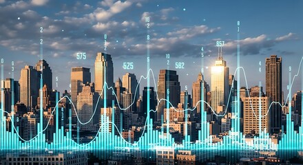 A cityscape overlaid with financial data visualizations, representing market trends.