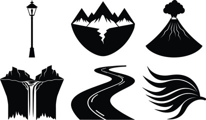 Collection of stylized landscape and nature icons in black and white
