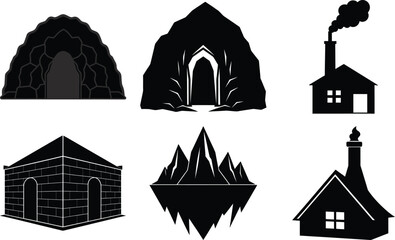 Fototapeta premium Collection of six stylized black silhouettes of buildings and structures